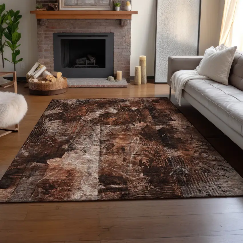 Rust And Ivory Floral Washable Area Rug With UV Protection Photo 6