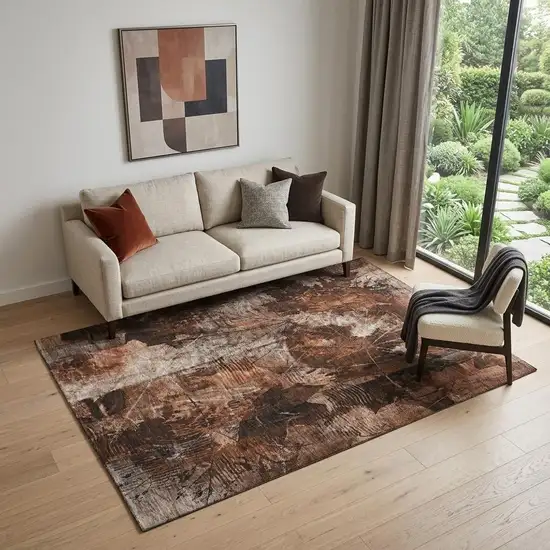 Rust And Ivory Floral Washable Area Rug With UV Protection Photo 1