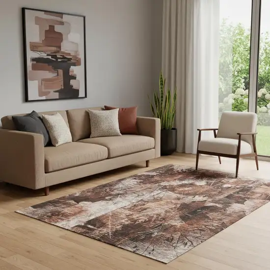 Rust And Ivory Floral Washable Area Rug With UV Protection Photo 1