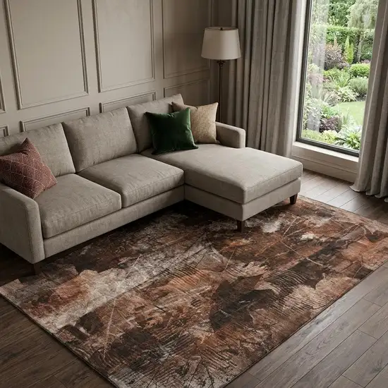 Rust And Ivory Floral Washable Area Rug With UV Protection Photo 1
