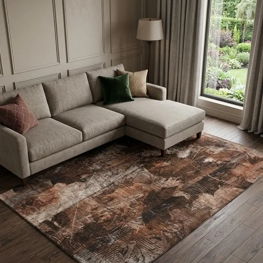 Rust And Ivory Floral Washable Area Rug With UV Protection Photo 1