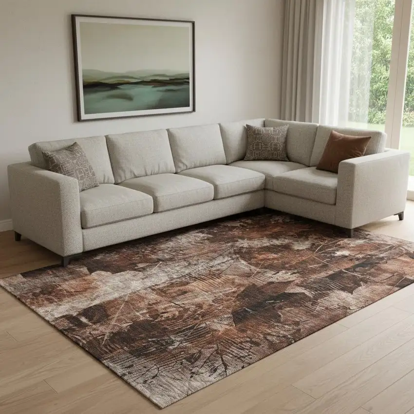 Rust And Ivory Floral Washable Area Rug With UV Protection Photo 1