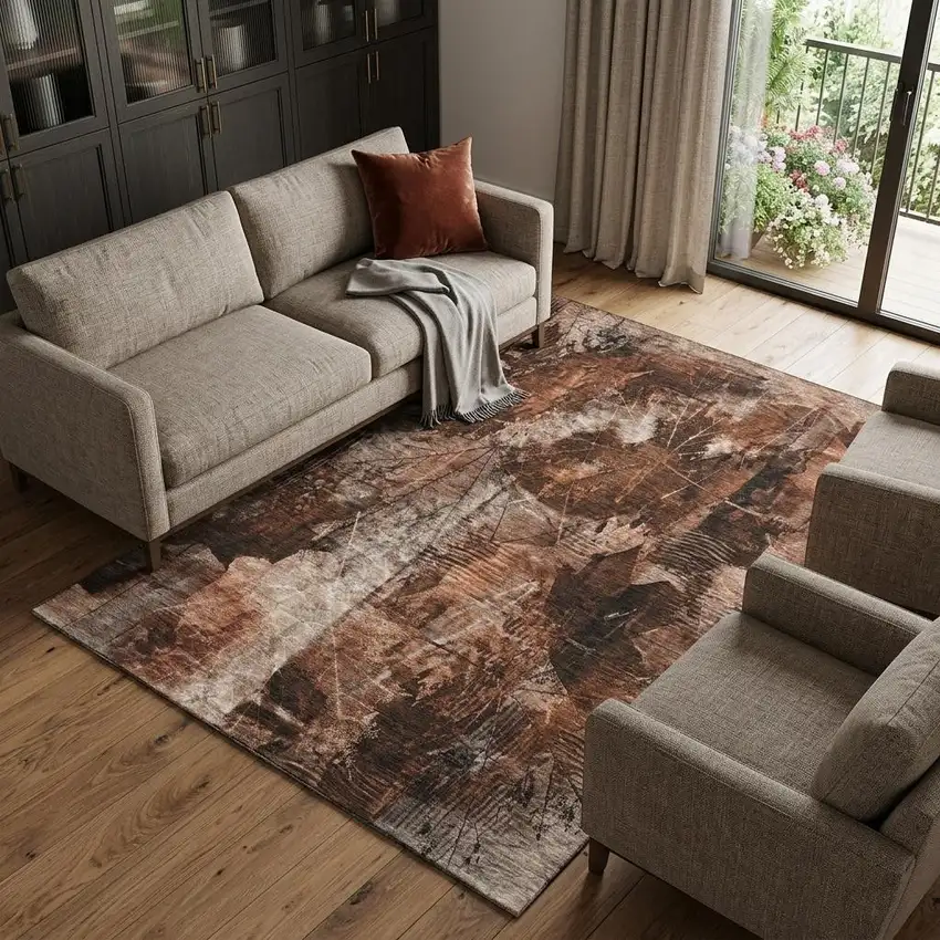 Rust And Ivory Floral Washable Area Rug With UV Protection Photo 1