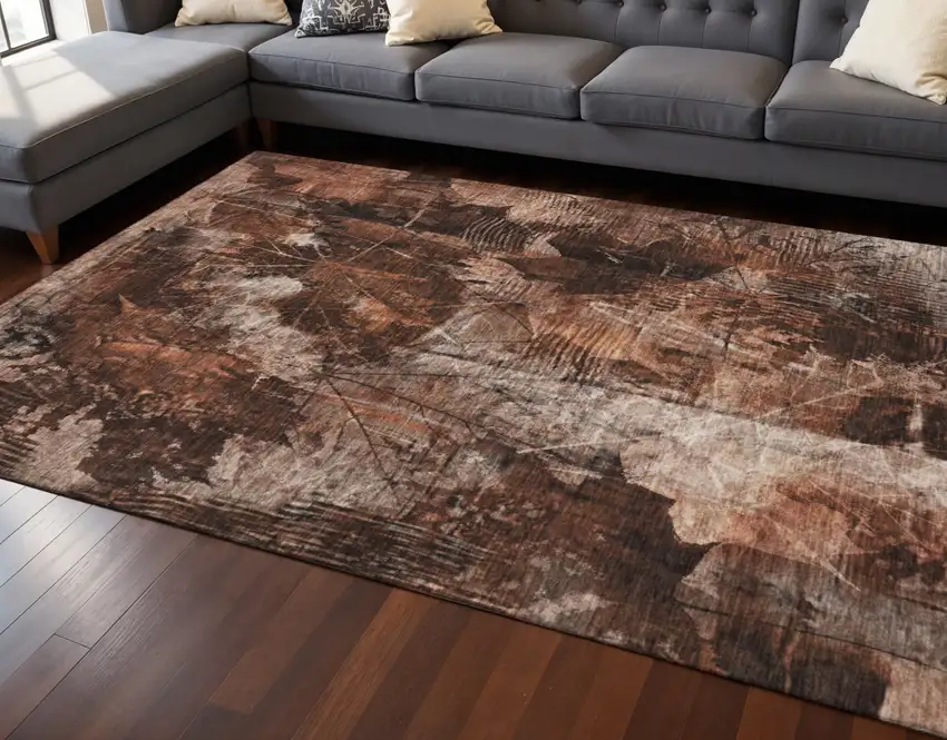 Rust And Ivory Floral Washable Area Rug With UV Protection Photo 2