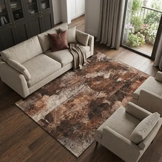 Rust And Ivory Floral Washable Area Rug With UV Protection Photo 1