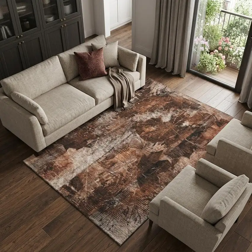 Rust And Ivory Floral Washable Area Rug With UV Protection Photo 1