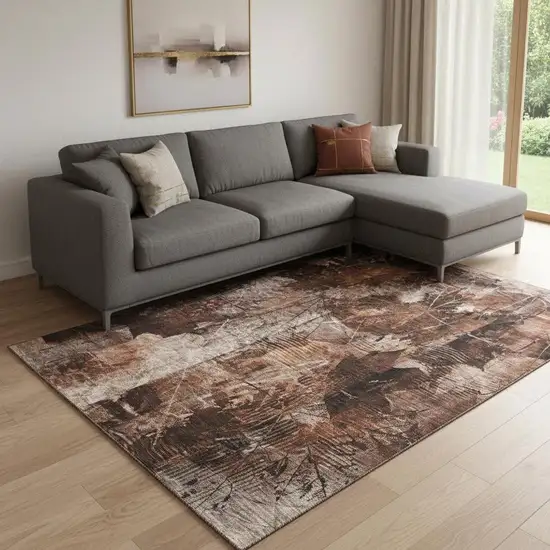 Rust And Ivory Floral Washable Area Rug With UV Protection Photo 1