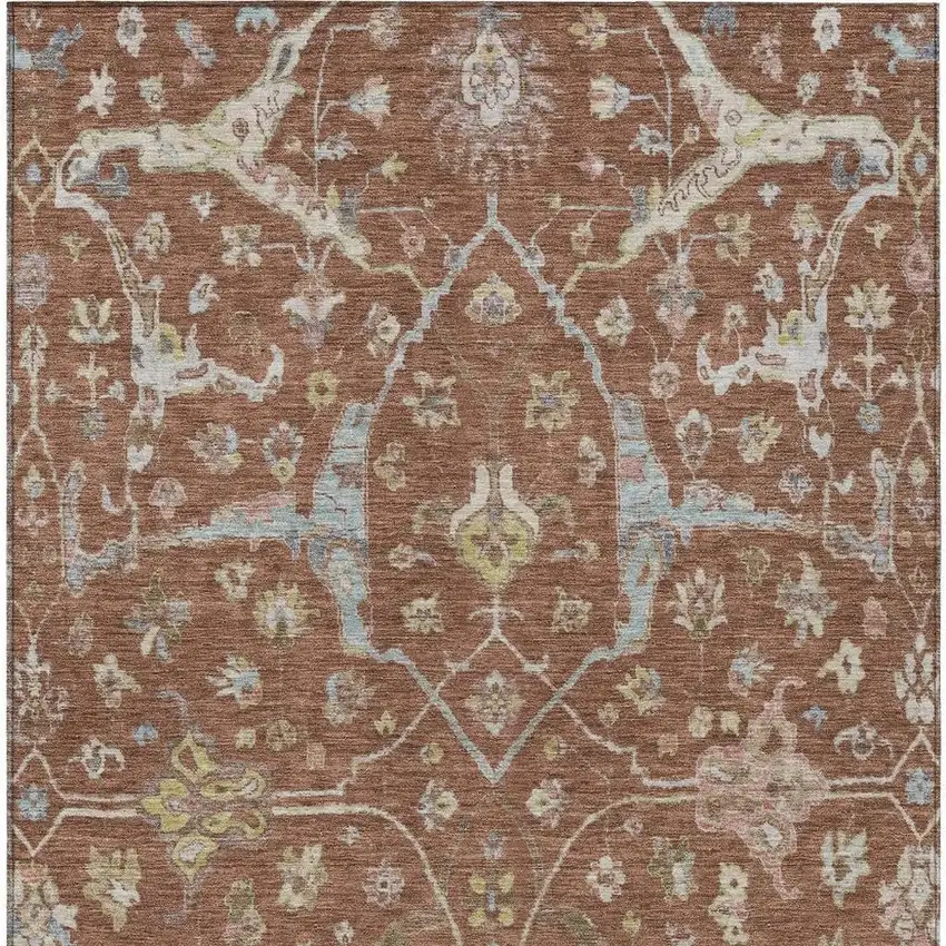 Rust And Ivory Floral Washable Indoor Outdoor Area Rug Photo 4
