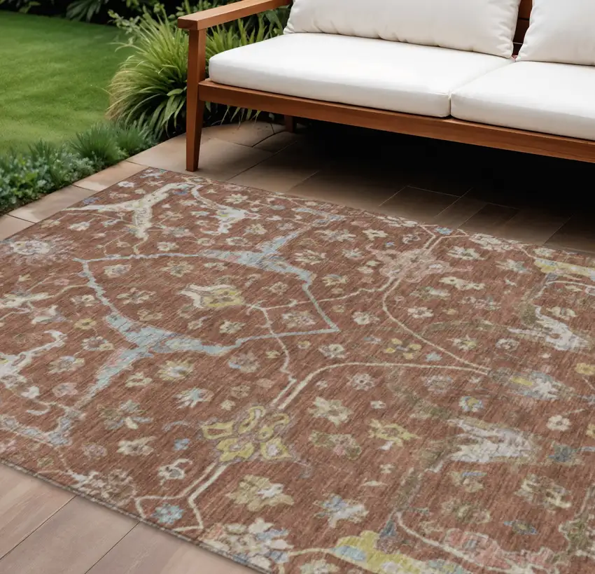 Rust And Ivory Floral Washable Indoor Outdoor Area Rug Photo 1