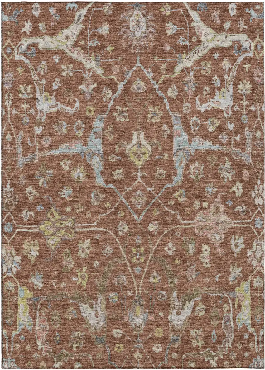 Rust And Ivory Floral Washable Indoor Outdoor Area Rug Photo 2