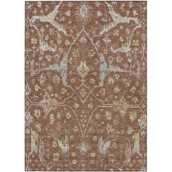 Rust And Ivory Floral Washable Indoor Outdoor Area Rug Photo 5