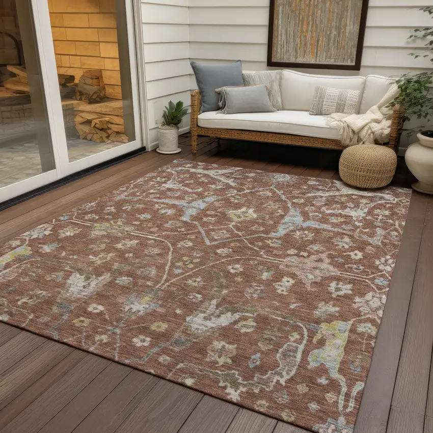 Rust And Ivory Floral Washable Indoor Outdoor Area Rug Photo 9