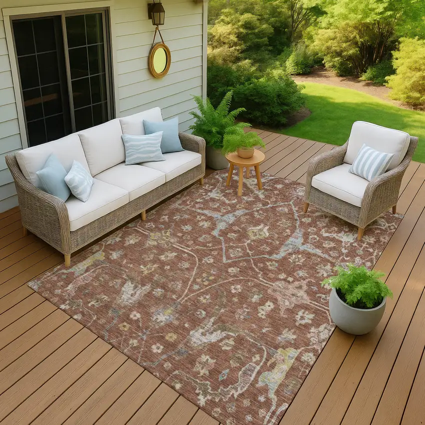 Rust And Ivory Floral Washable Indoor Outdoor Area Rug Photo 7