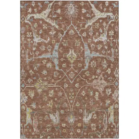 Rust And Ivory Floral Washable Indoor Outdoor Area Rug Photo 2