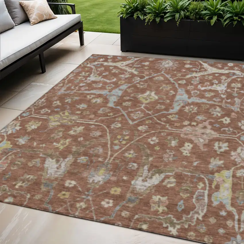 Rust And Ivory Floral Washable Indoor Outdoor Area Rug Photo 1