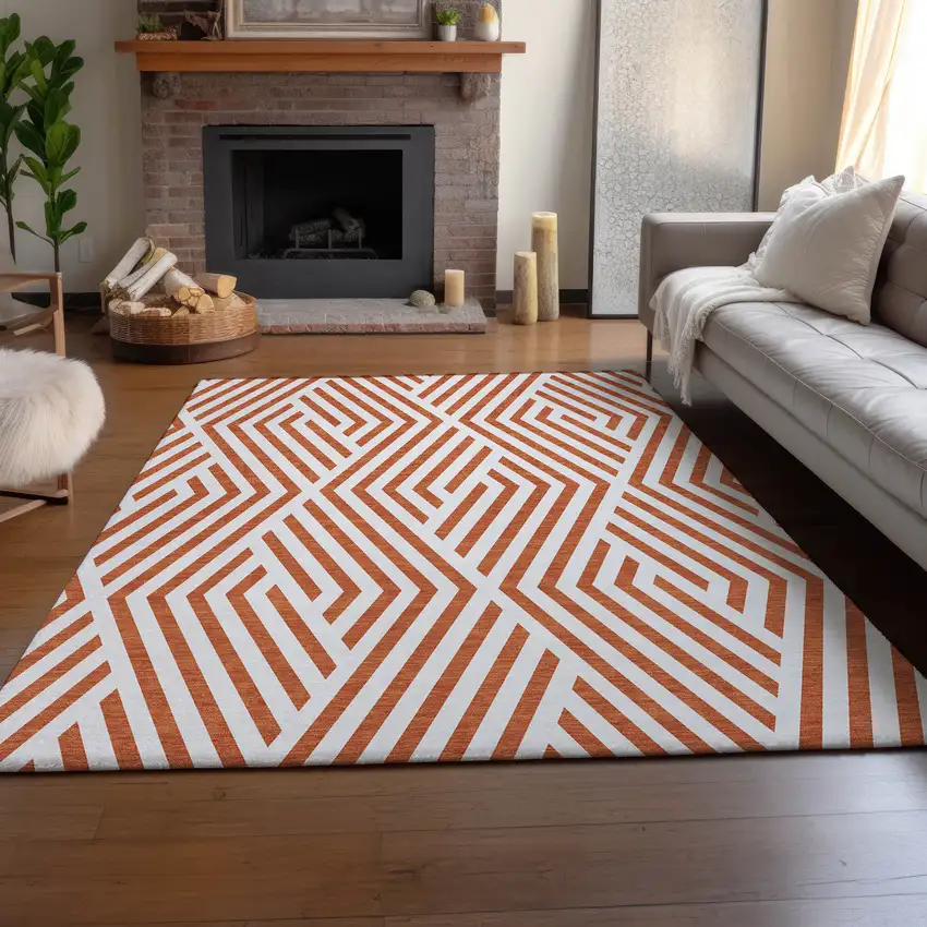Rust And Ivory Geometric Washable Area Rug With UV Protection Photo 6