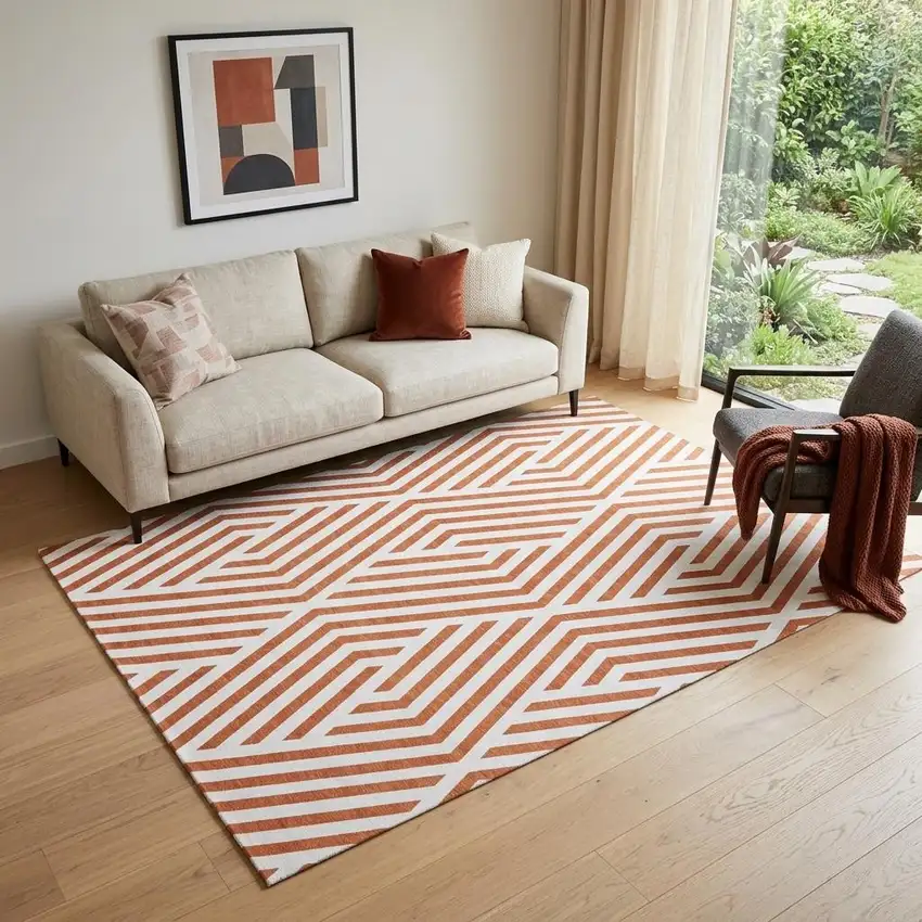 Rust And Ivory Geometric Washable Area Rug With UV Protection Photo 1