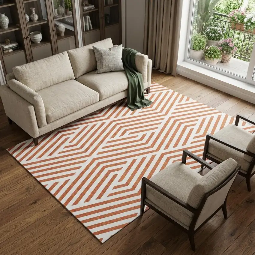 Rust And Ivory Geometric Washable Area Rug With UV Protection Photo 1