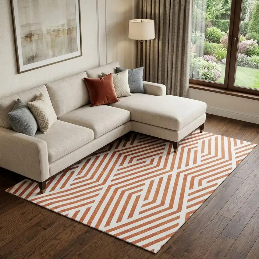 Rust And Ivory Geometric Washable Area Rug With UV Protection Photo 1