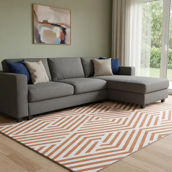 Rust And Ivory Geometric Washable Area Rug With UV Protection Photo 2