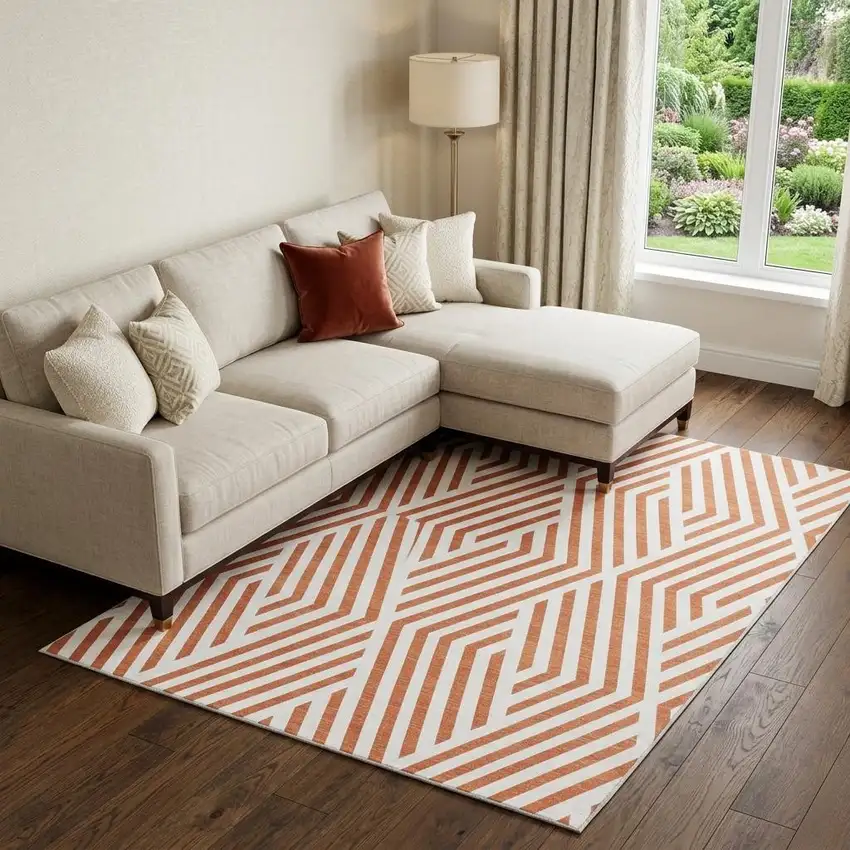 Rust And Ivory Geometric Washable Area Rug With UV Protection Photo 1