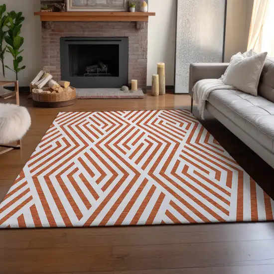 Rust And Ivory Geometric Washable Area Rug With UV Protection Photo 4