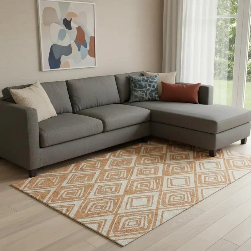 Rust And Ivory Geometric Washable Area Rug With UV Protection Photo 1