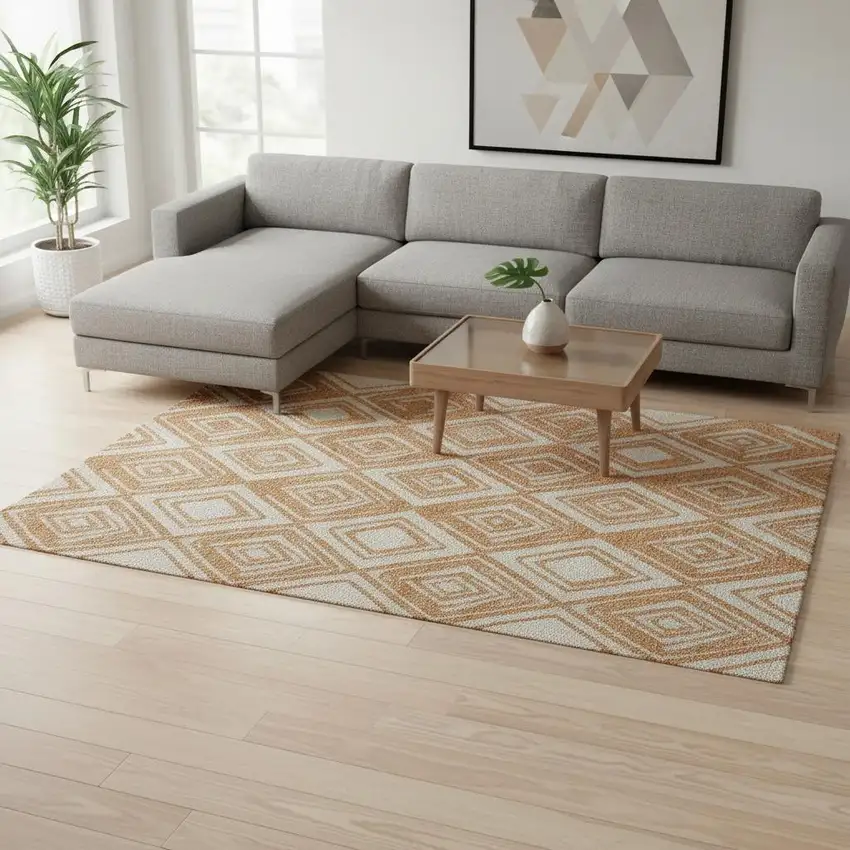 Rust And Ivory Geometric Washable Area Rug With UV Protection Photo 1