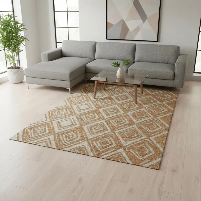 Rust And Ivory Geometric Washable Area Rug With UV Protection Photo 1