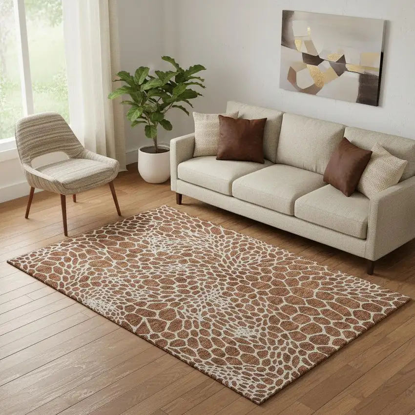 Rust And Ivory Geometric Washable Area Rug With UV Protection Photo 1