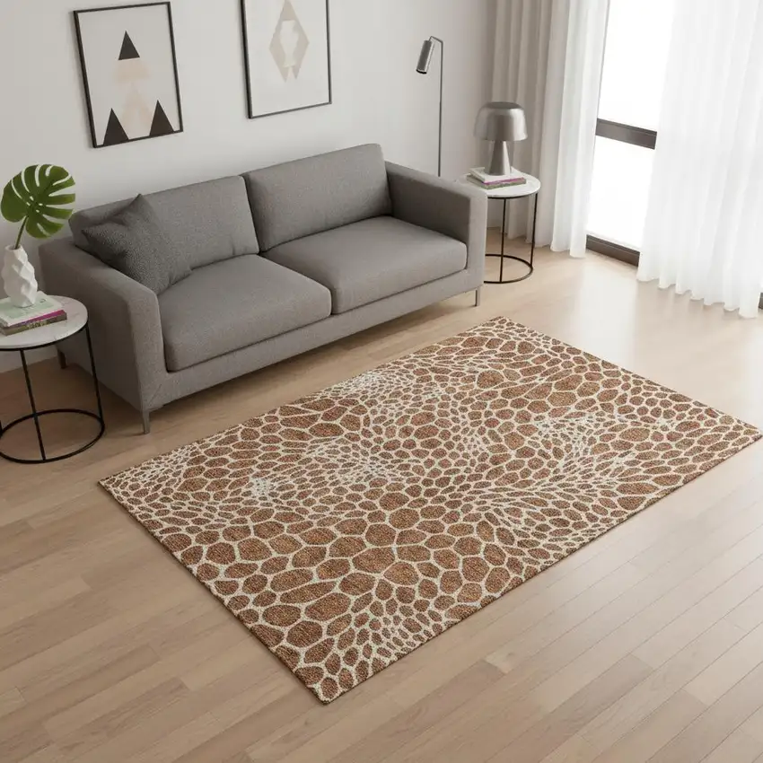 Rust And Ivory Geometric Washable Area Rug With UV Protection Photo 2