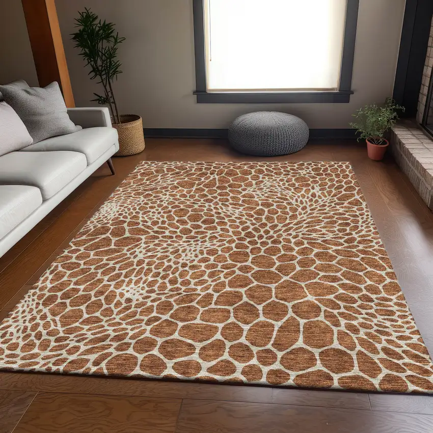 Rust And Ivory Geometric Washable Area Rug With UV Protection Photo 6