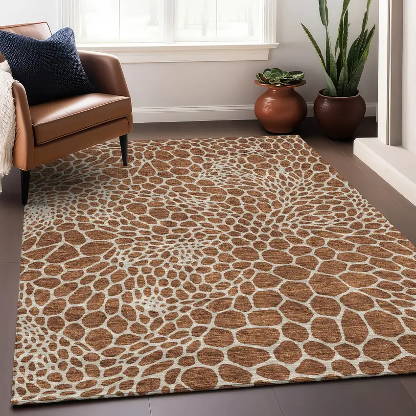 Rust And Ivory Geometric Washable Area Rug With UV Protection Photo 5
