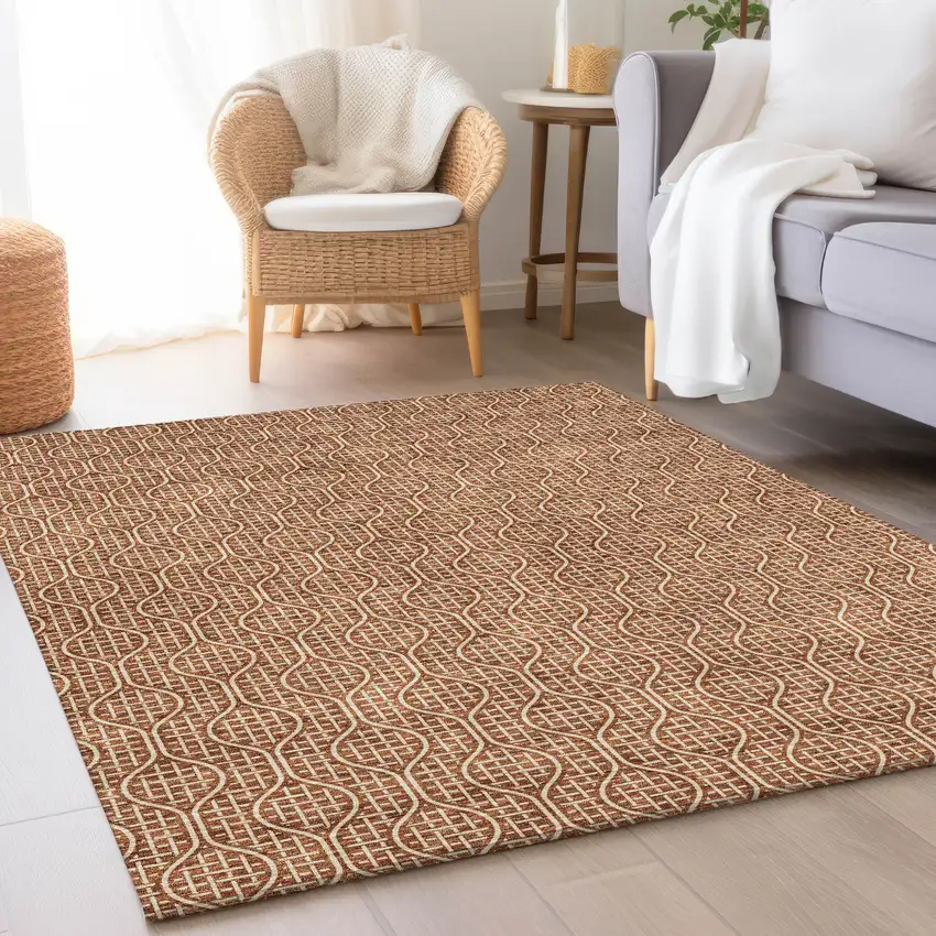 Rust And Ivory Geometric Washable Area Rug With UV Protection Photo 4