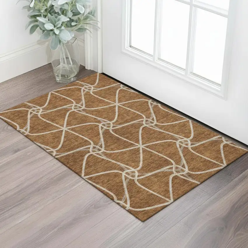Rust And Ivory Geometric Washable Area Rug With UV Protection Photo 2