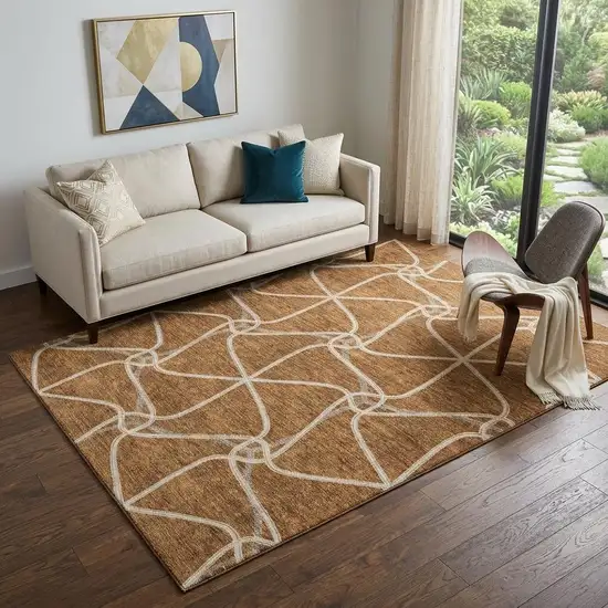 Rust And Ivory Geometric Washable Area Rug With UV Protection Photo 1