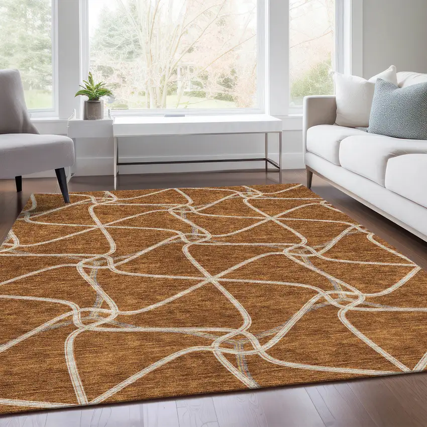 Rust And Ivory Geometric Washable Area Rug With UV Protection Photo 5