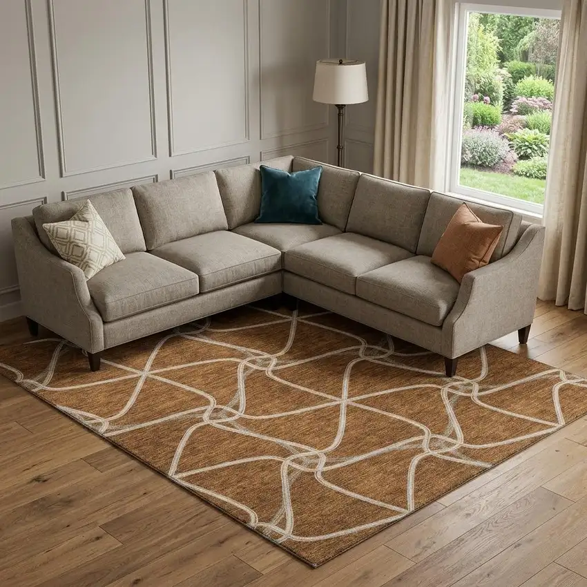 Rust And Ivory Geometric Washable Area Rug With UV Protection Photo 1