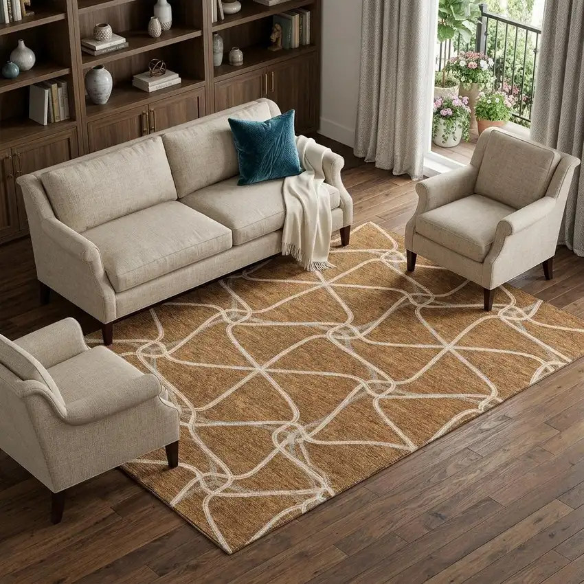 Rust And Ivory Geometric Washable Area Rug With UV Protection Photo 1