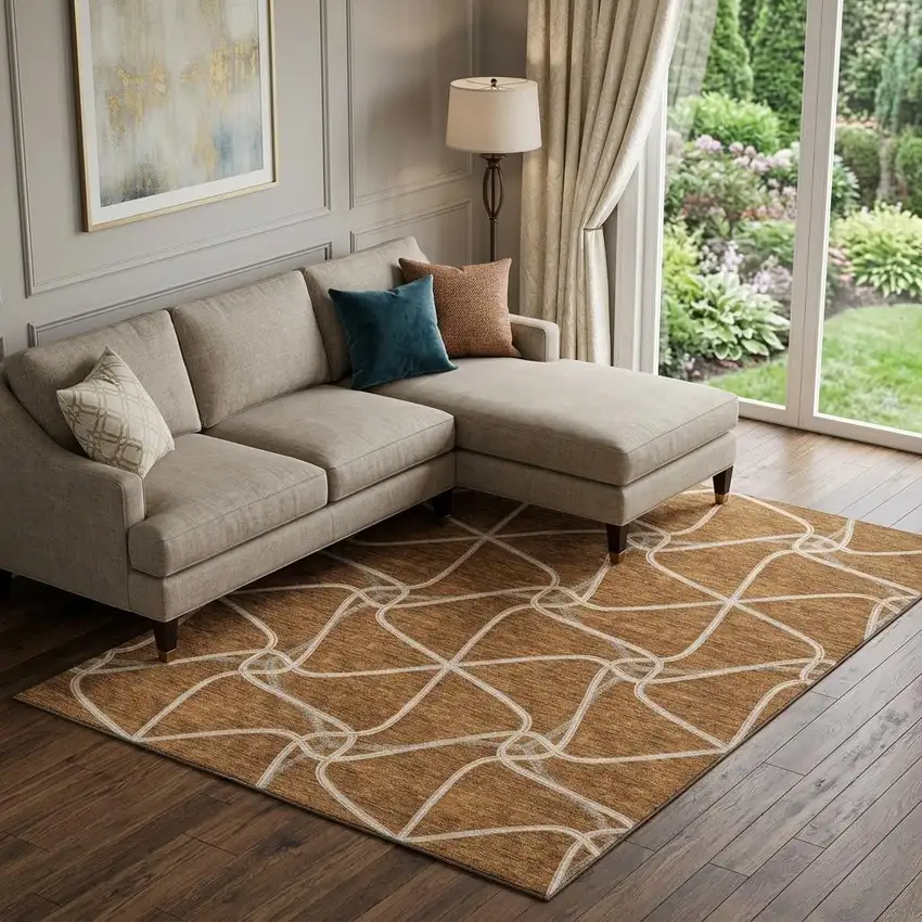Rust And Ivory Geometric Washable Area Rug With UV Protection Photo 1