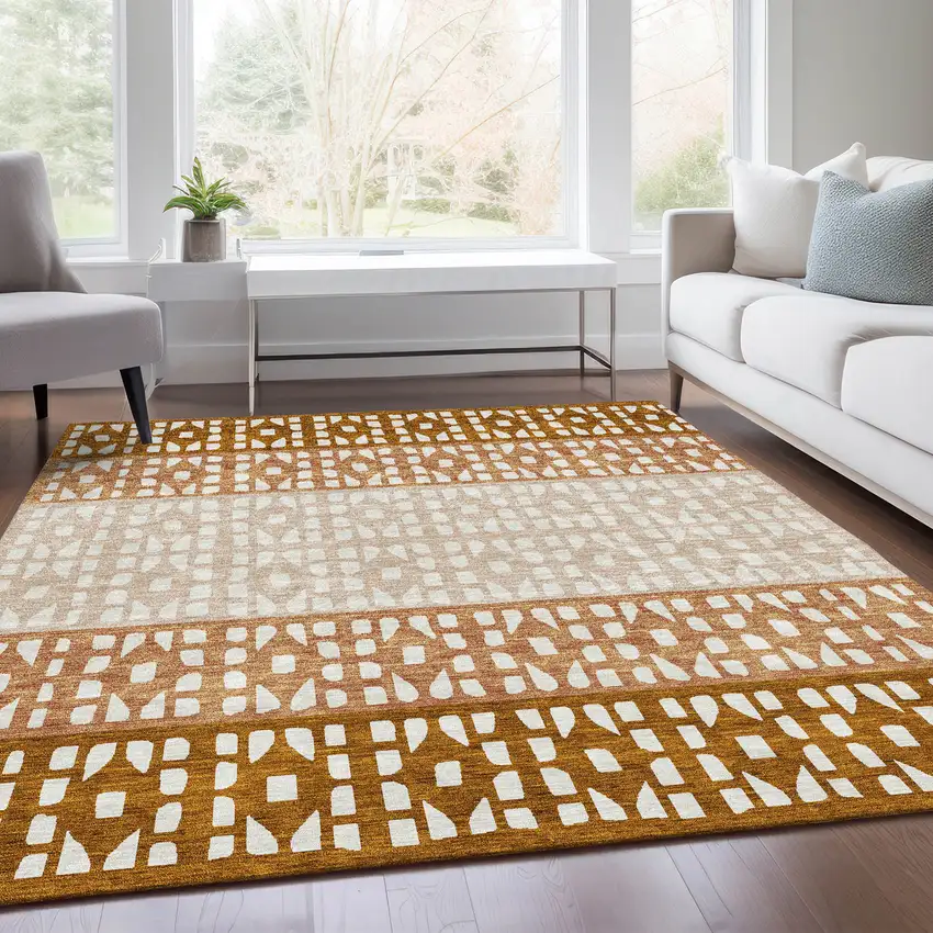 Rust And Ivory Geometric Washable Area Rug With UV Protection Photo 5