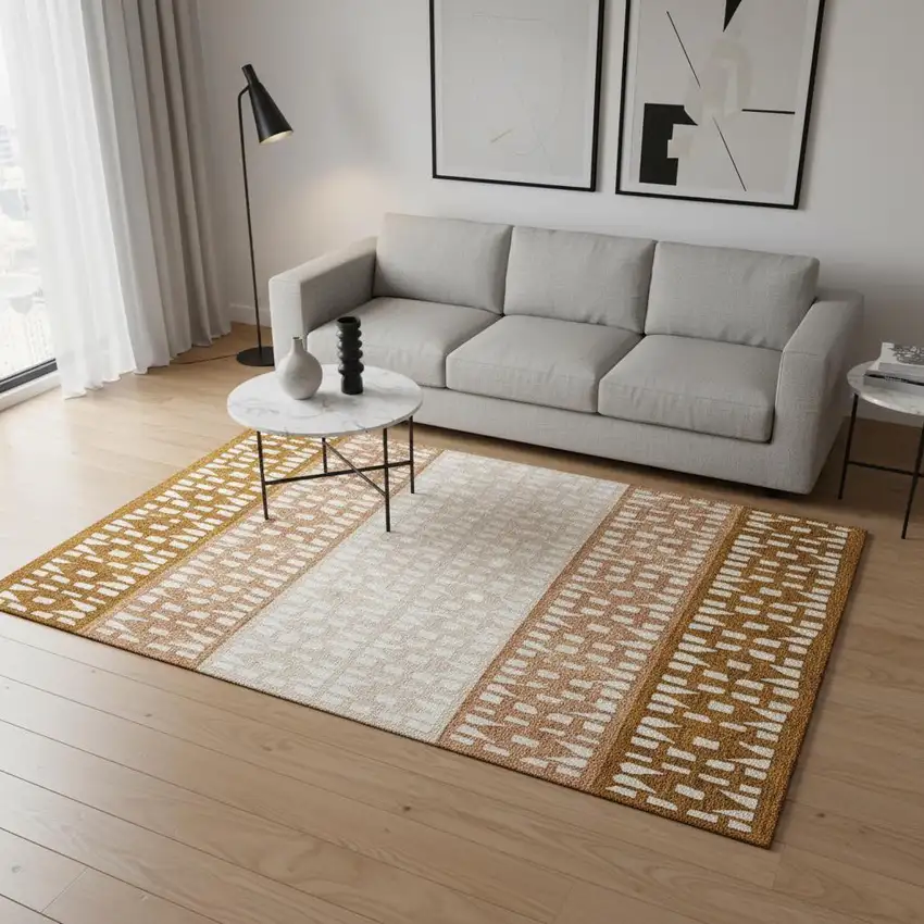 Rust And Ivory Geometric Washable Area Rug With UV Protection Photo 2