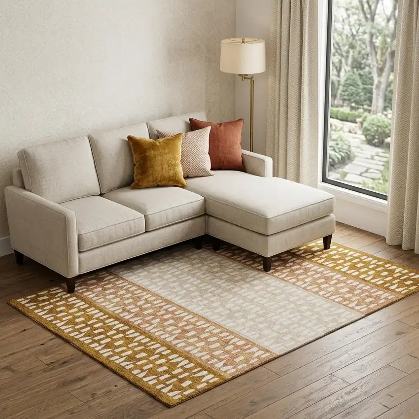 Rust And Ivory Geometric Washable Area Rug With UV Protection Photo 1