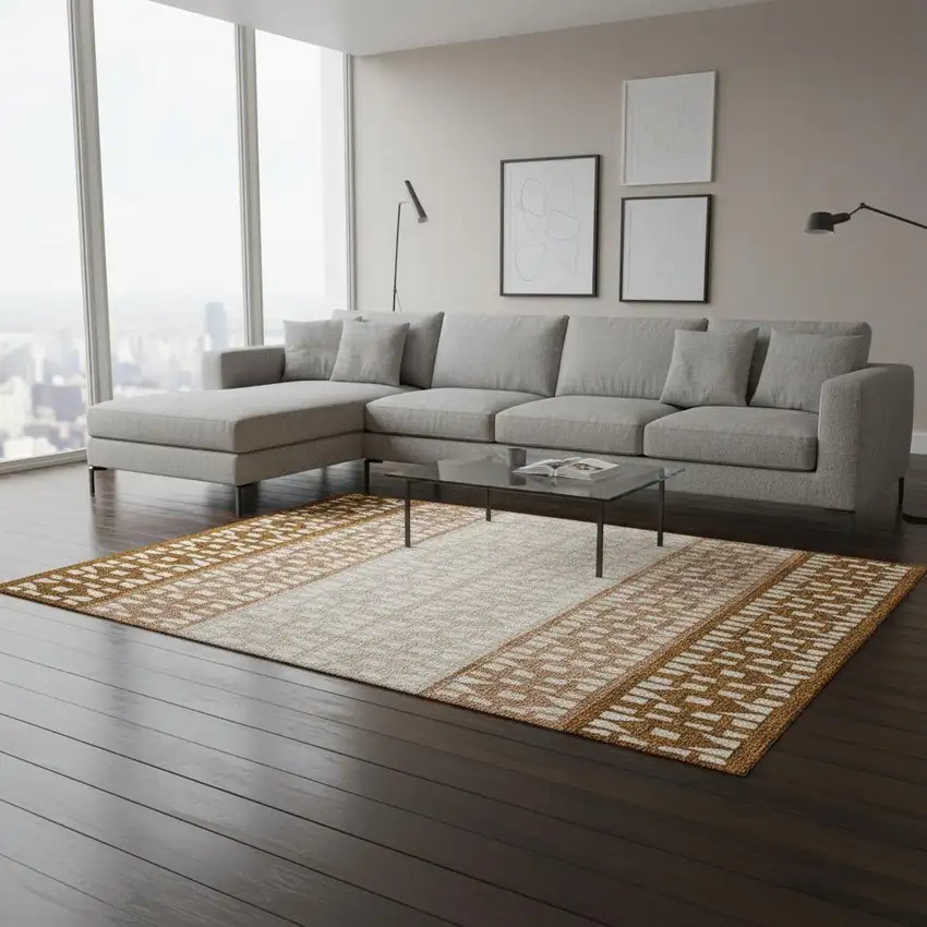 Rust And Ivory Geometric Washable Area Rug With UV Protection Photo 2