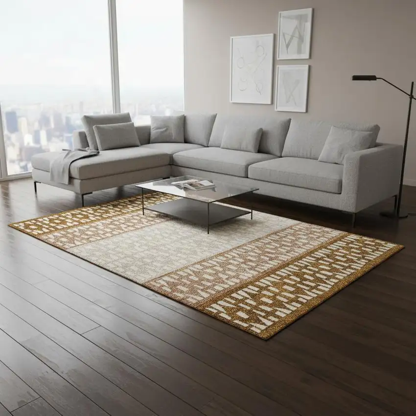 Rust And Ivory Geometric Washable Area Rug With UV Protection Photo 2