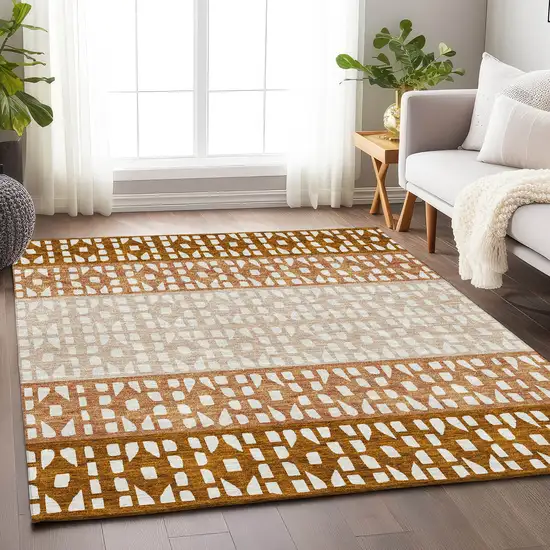 Rust And Ivory Geometric Washable Area Rug With UV Protection Photo 4