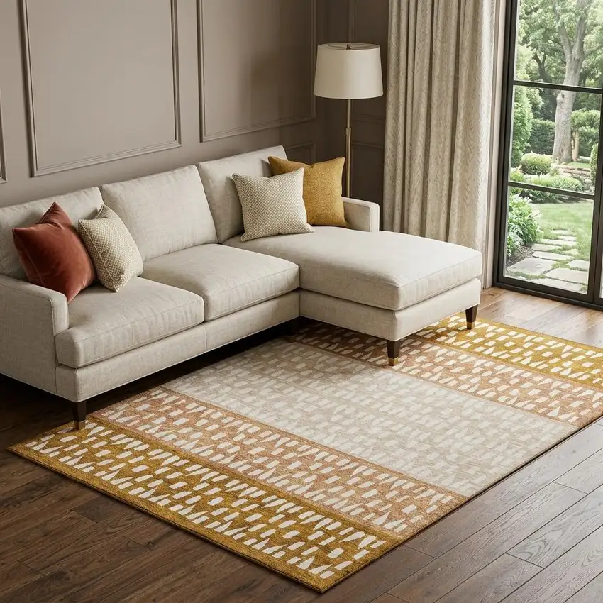 Rust And Ivory Geometric Washable Area Rug With UV Protection Photo 1