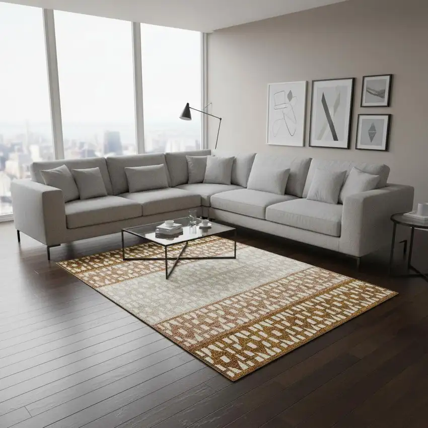 Rust And Ivory Geometric Washable Area Rug With UV Protection Photo 2