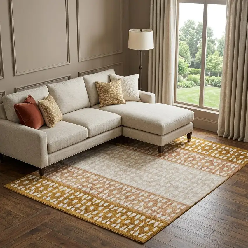 Rust And Ivory Geometric Washable Area Rug With UV Protection Photo 1