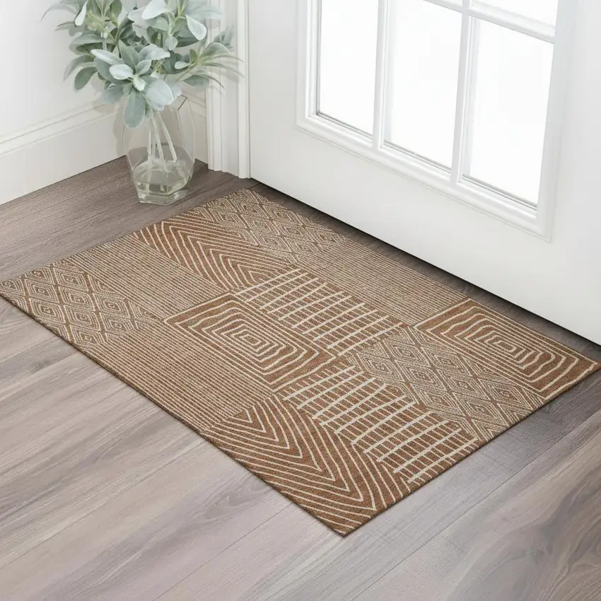 Rust And Ivory Geometric Washable Area Rug With UV Protection Photo 2
